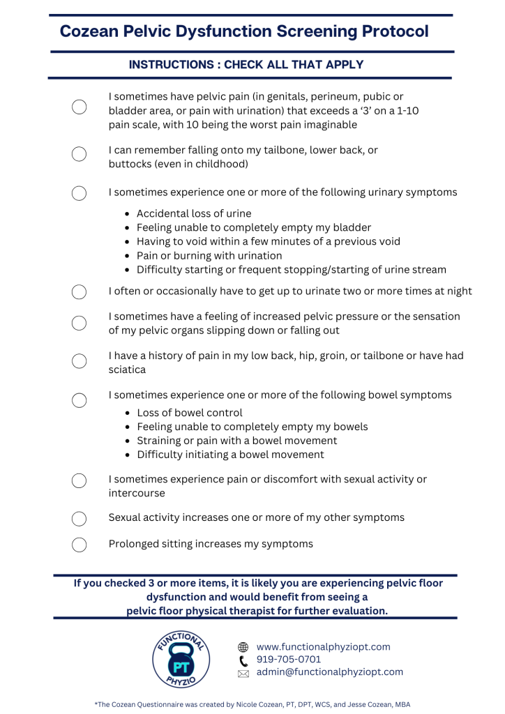 The Cozean Pelvic Floor Dysfunction Screening Protocol